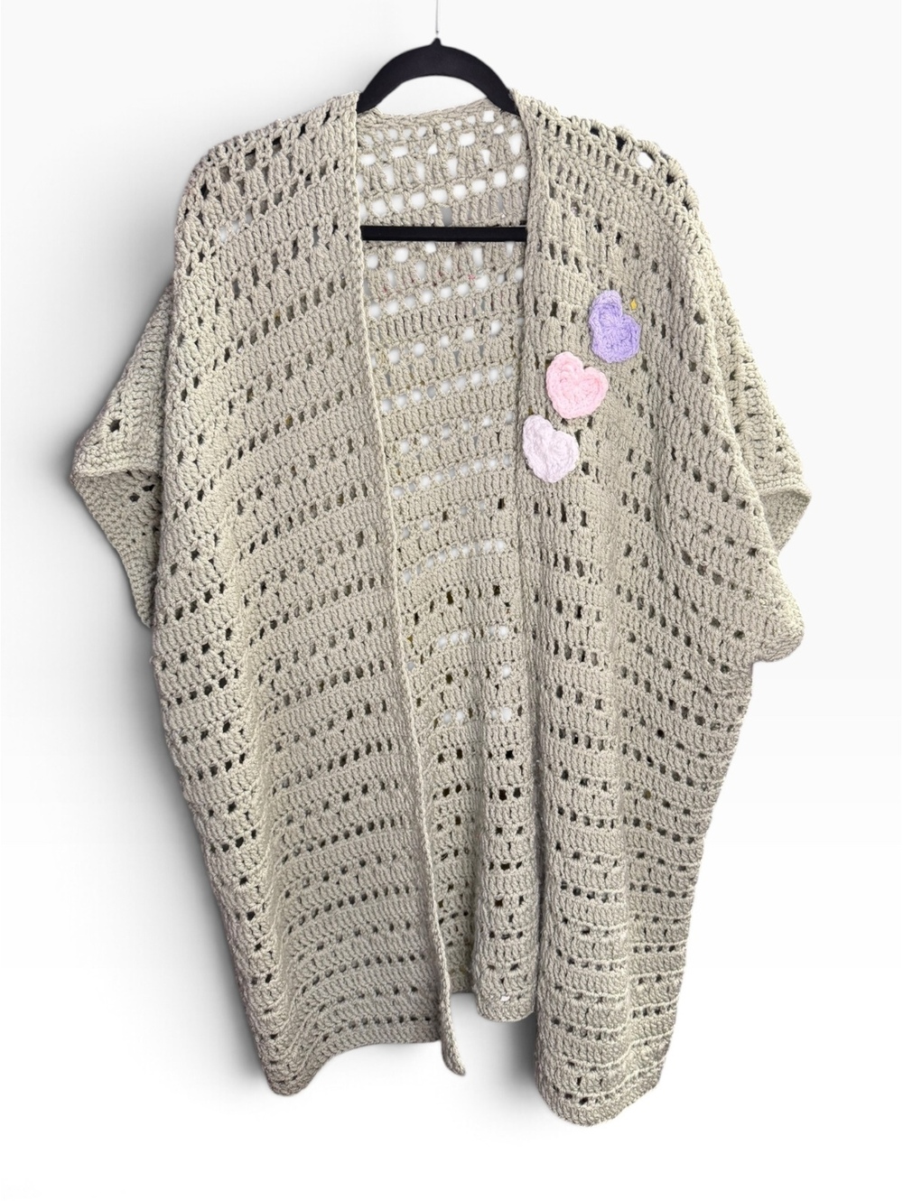 Oversized Crochet Kimono Cardigan Sage Pastel Hearts Boho Coquettet NWOT